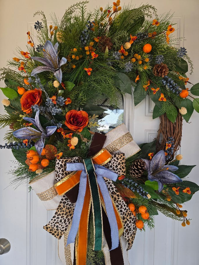 Fall Wreath | 28" Patina Blue Bohemian Grapevine Wreath | Moody Luxury Designer Autumn Front Door Decor