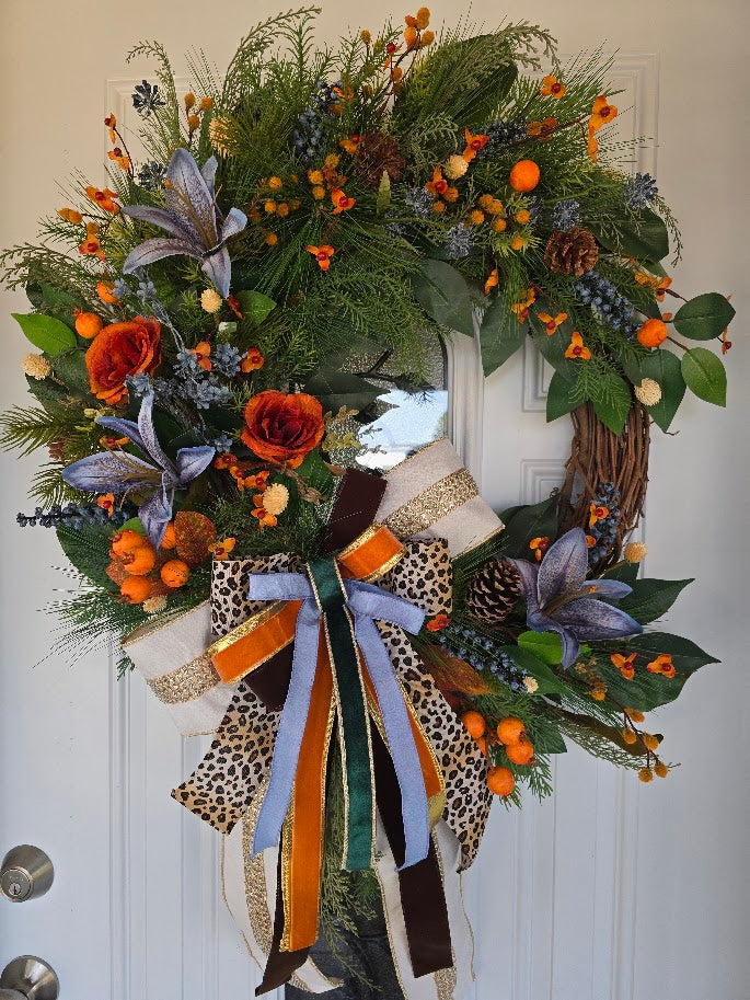 Fall Wreath | 28" Patina Blue Bohemian Grapevine Wreath | Moody Luxury Designer Autumn Front Door Decor