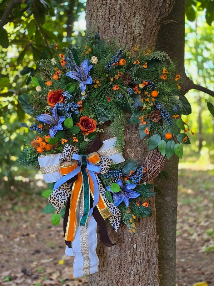 Fall Wreath | 28" Patina Blue Bohemian Grapevine Wreath | Moody Luxury Designer Autumn Front Door Decor