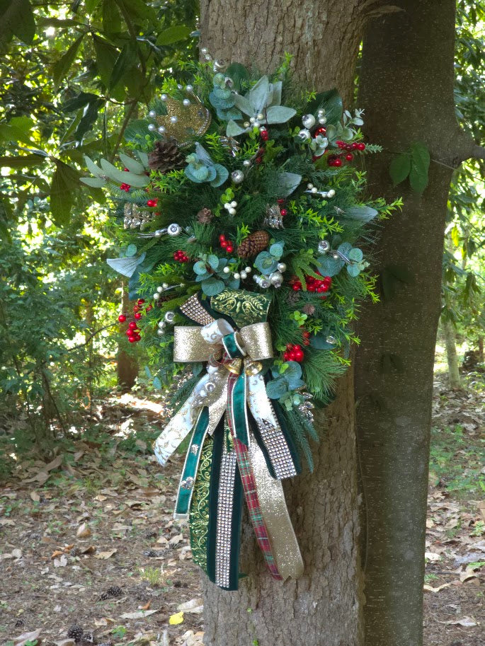 Luxury One-of-a-Kind Christmas Swag — Gold & Emerald Velvet Designer Statement Piece (22"x40"x9")