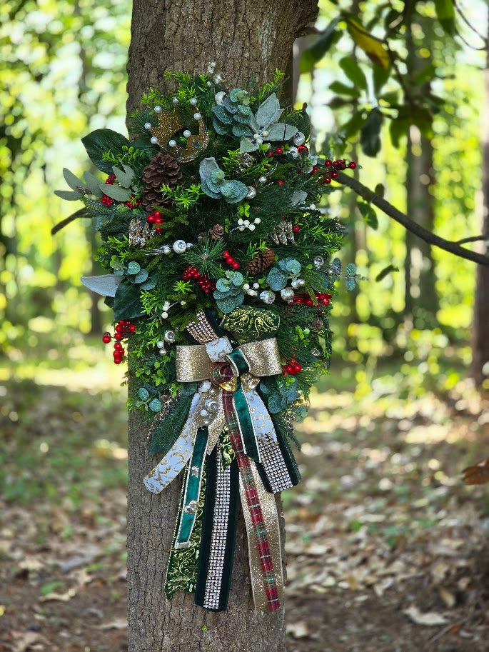 Luxury One-of-a-Kind Christmas Swag — Gold & Emerald Velvet Designer Statement Piece (22"x40"x9")