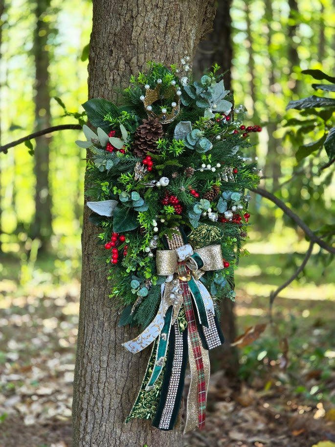 Luxury One-of-a-Kind Christmas Swag — Gold & Emerald Velvet Designer Statement Piece (22"x40"x9")