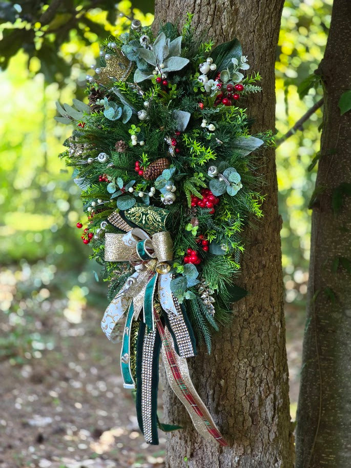 Luxury One-of-a-Kind Christmas Swag — Gold & Emerald Velvet Designer Statement Piece (22"x40"x9")