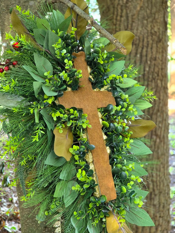 Luxury One-of-a-Kind Christmas Swag — Gold & Emerald Velvet Designer Statement Piece (22"x40"x9")