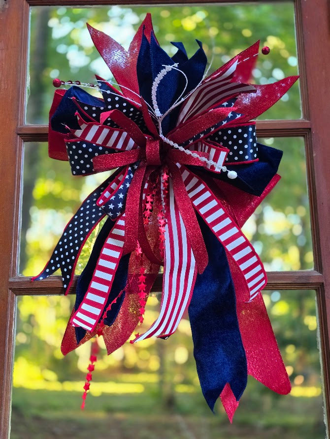 Patriotic Wreath Bow | 16" Cascading Velvet Americana Door Bow | July 4th 1776 2026 Decor