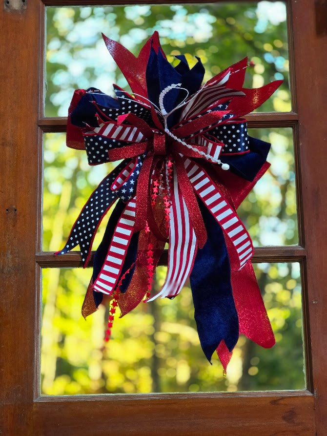 Patriotic Wreath Bow | 16" Cascading Velvet Americana Door Bow | July 4th 1776 2026 Decor