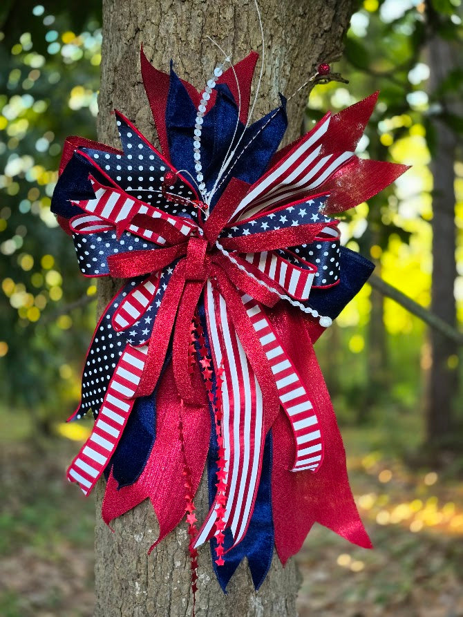 Patriotic Wreath Bow | 16" Cascading Velvet Americana Door Bow | July 4th 1776 2026 Decor