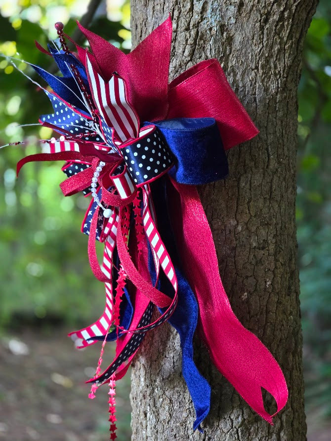 Patriotic Wreath Bow | 16" Cascading Velvet Americana Door Bow | July 4th 1776 2026 Decor