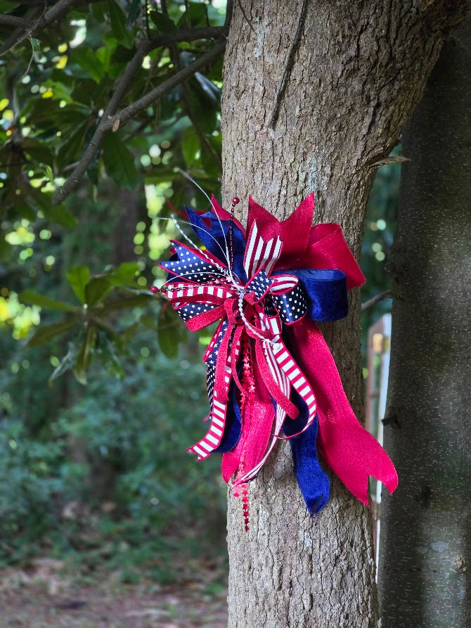 Patriotic Wreath Bow | 16" Cascading Velvet Americana Door Bow | July 4th 1776 2026 Decor