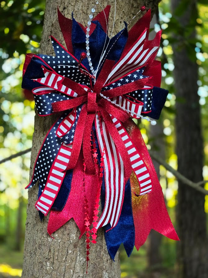 Patriotic Wreath Bow | 16" Cascading Velvet Americana Door Bow | July 4th 1776 2026 Decor